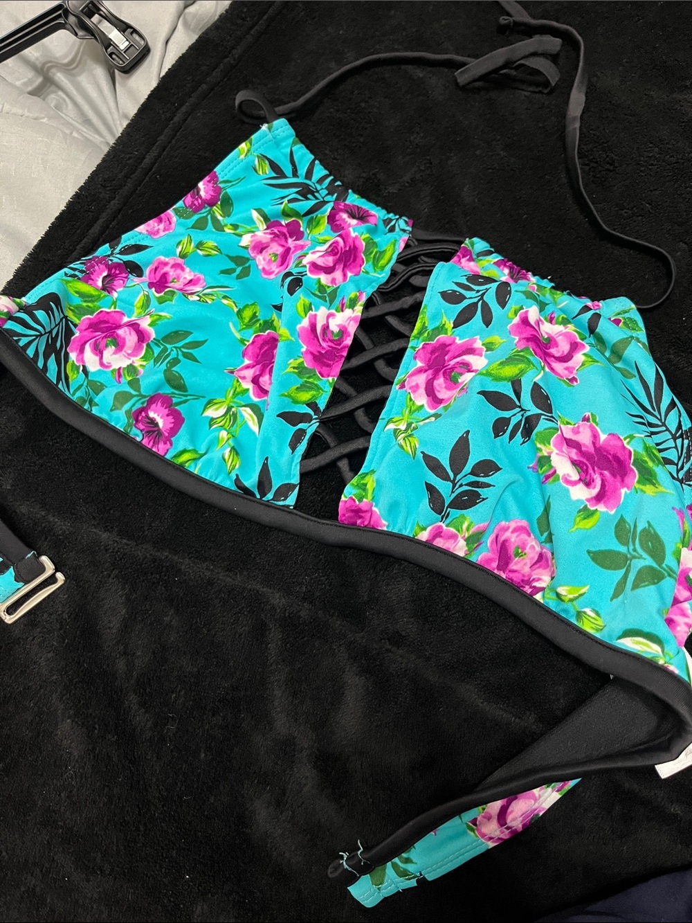 Turquoise Floral Lace-Up Women's Swim Top